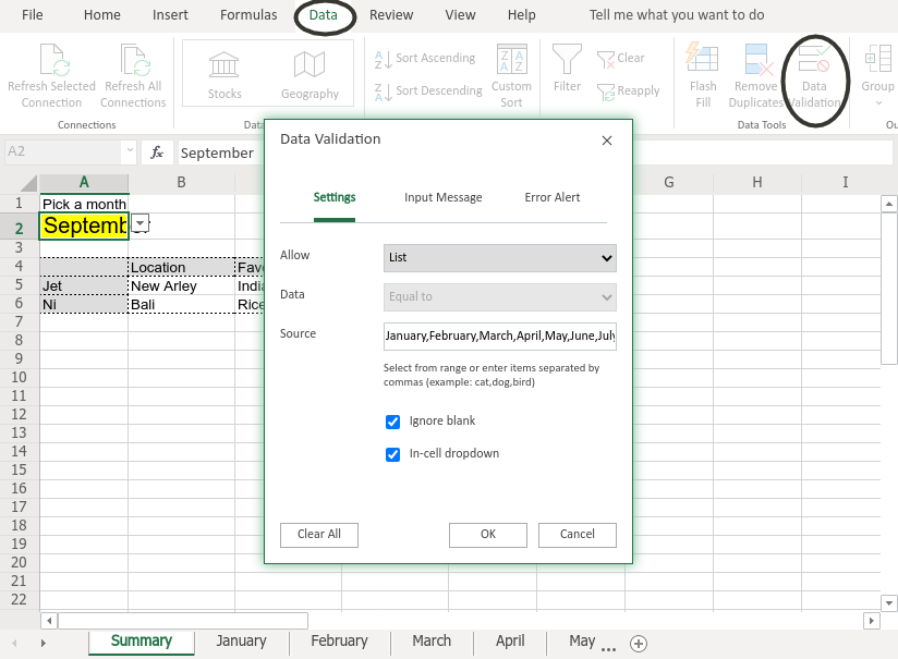 Data Validation in Excel.