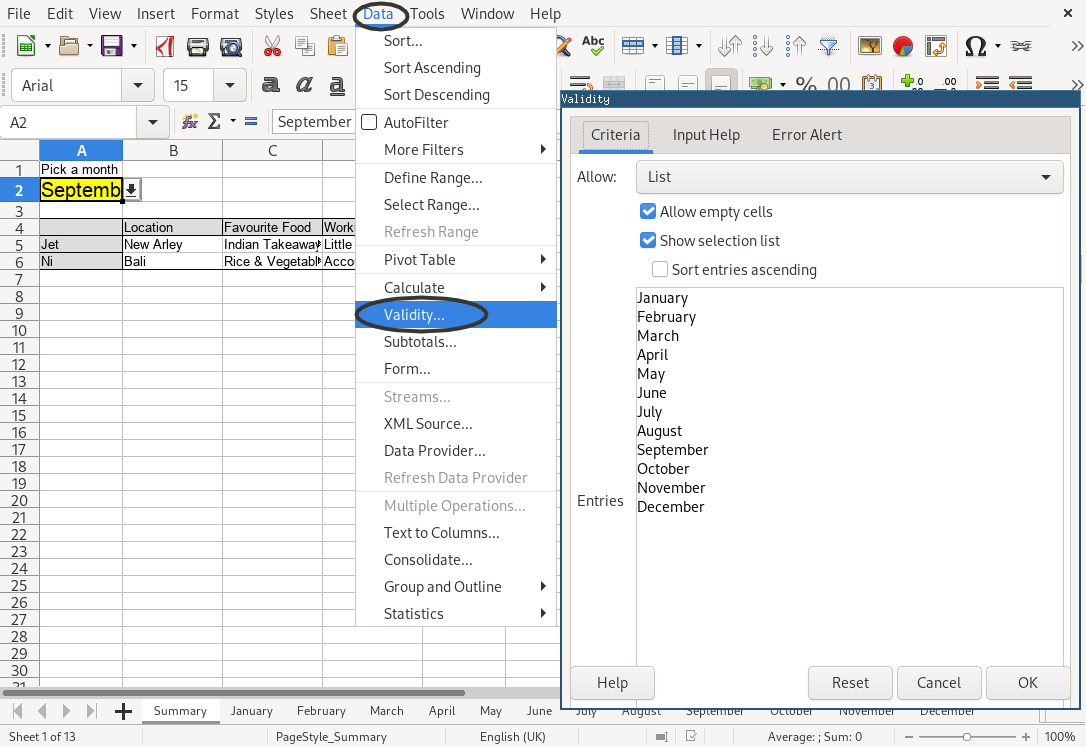 Data Validation in LibreOffice.